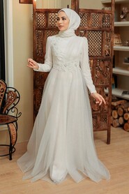 Neva Style - Modern Ecru Islamic Prom Dress 22694E - Thumbnail