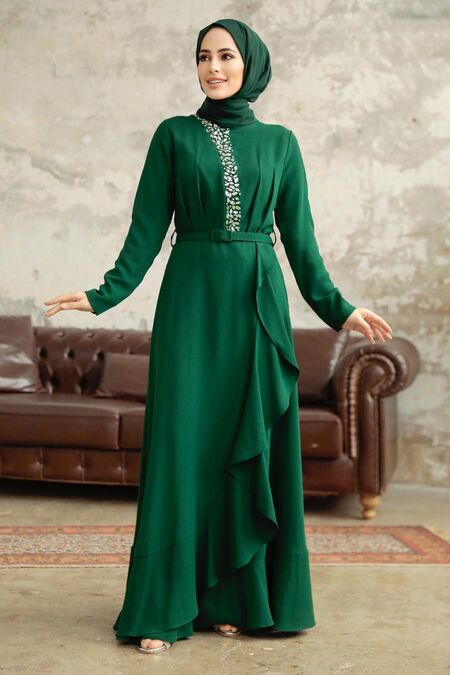 emerald green hijab dress Keya Emerald Green Satin Ring Buckle Modest Dress – House Of Haniya