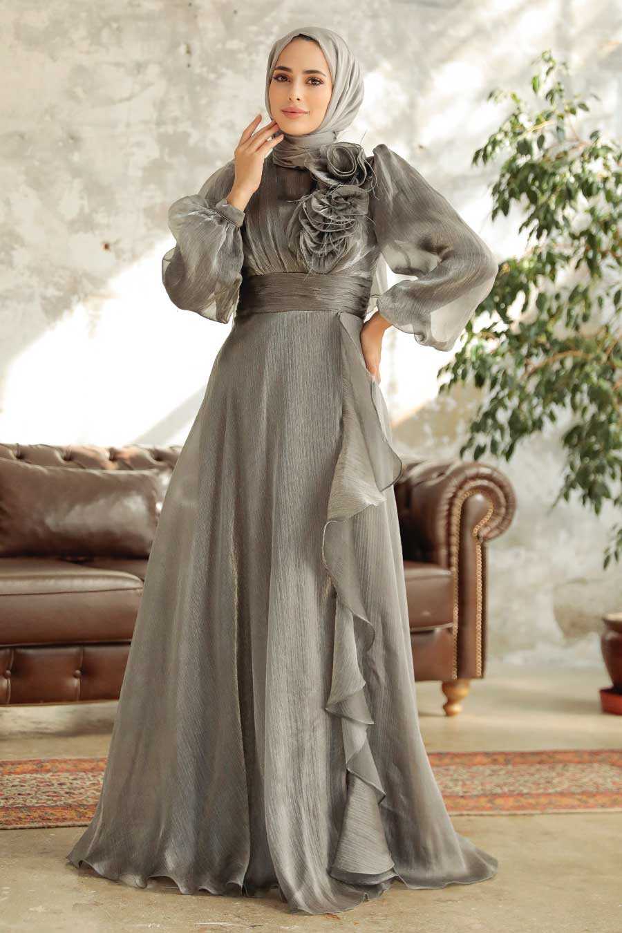 Modern Grey Hijab Evening Dress 22321GR - Neva-style.com