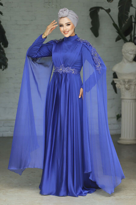  Modern İndigo Blue Hijab Bridesmaid Dress 22130IM - NEVA STYLE