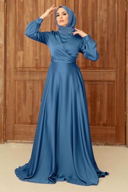  Modern İndigo Blue Hijab Bridesmaid Dress 33871IM - NEVA STYLE