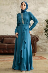  Modern İndigo Blue Hijab Wedding Dress 37320IM - 2