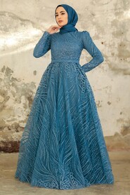  Modern İndigo Blue Islamic Clothing Engagement Dress 2294IM - 1