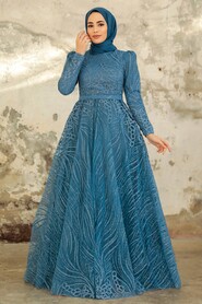  Modern İndigo Blue Islamic Clothing Engagement Dress 2294IM - 3