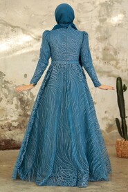  Modern İndigo Blue Islamic Clothing Engagement Dress 2294IM - 4