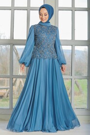  Modern İndigo Blue Islamic Clothing Evening Gown 3322IM - 1