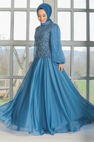  Modern İndigo Blue Islamic Clothing Evening Gown 3322IM - 2