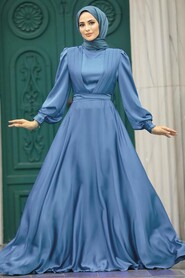  Modern İndigo Blue Islamic Clothing Wedding Dress 40621IM - NEVA STYLE