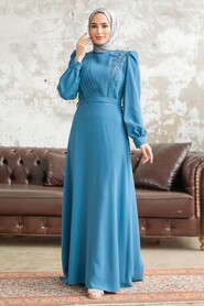  Modern İndigo Blue Islamic Dress 37351IM - 2