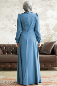  Modern İndigo Blue Islamic Dress 37351IM - 3