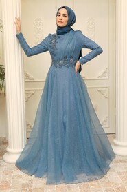  Modern İndigo Blue Islamic Prom Dress 22694IM - 1