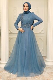  Modern İndigo Blue Islamic Prom Dress 22694IM - 2