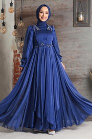  Modern İndigo Blue Muslim Fashion Evening Dress 21910IM - 1
