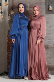  Modern İndigo Blue Muslim Fashion Evening Dress 21910IM - 3
