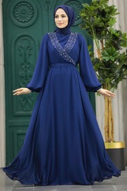  Modern Navy Blue Modest Prom Dress 22153L - 1