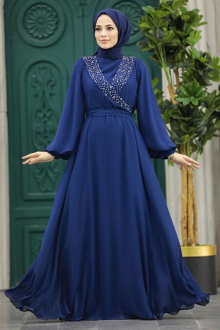  Modern Navy Blue Modest Prom Dress 22153L - NEVA STYLE