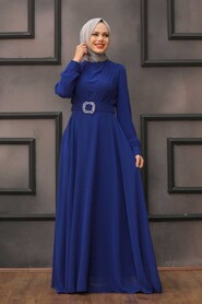  Modern Sax Blue Hijab Evening Dress 27690SX - 1