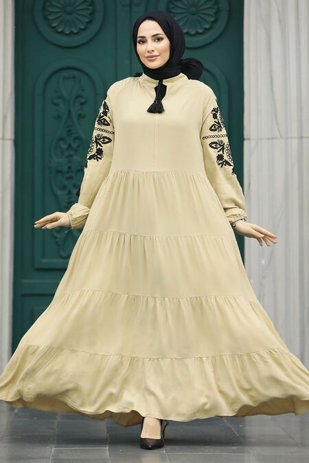  Modest Beige Abaya Dress 30140BEJ - NEVA STYLE