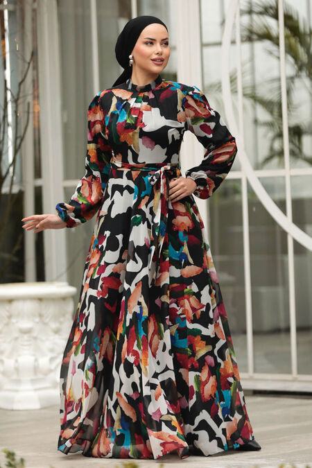 Modest Black Chiffon Maxi Dress 30059S - Neva-style.com