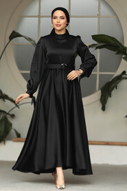 Neva Style - Modest Black Satin Dress 5931S - 2