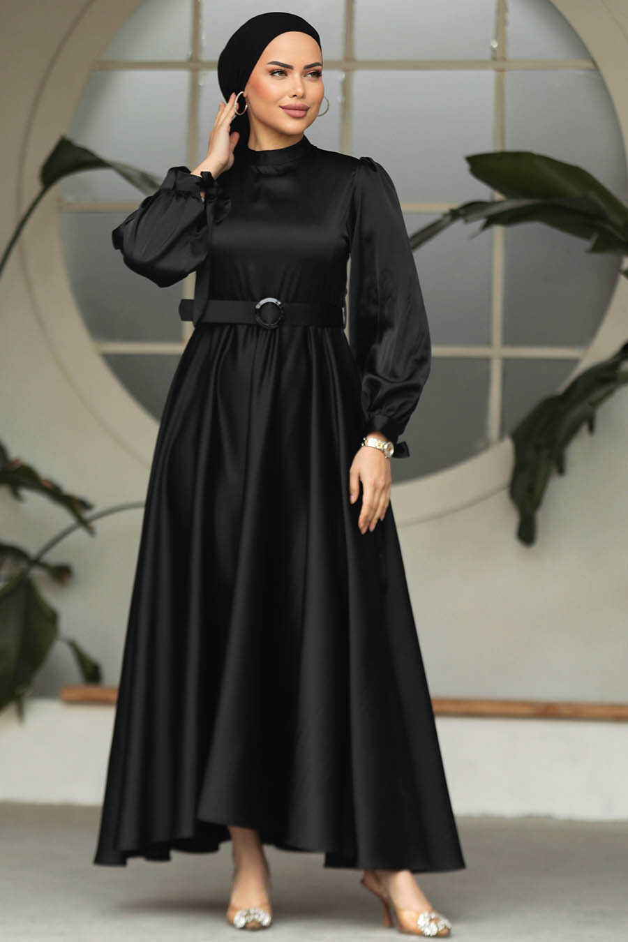 Neva Style - Modest Black Satin Dress 5931S - Neva-style.com