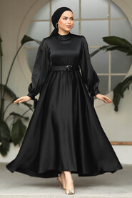 Neva Style - Modest Black Satin Dress 5931S - 1