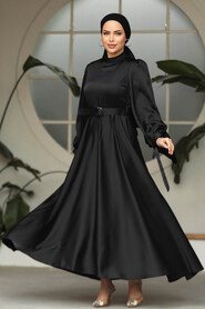 Neva Style - Modest Black Satin Dress 5931S - 4