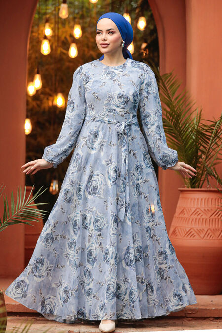  Modest Blue Long Floral Dress 33077M - NEVA STYLE