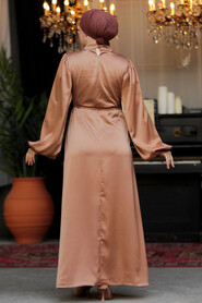 Neva Style - Modest Camel Long Satin Dress 30371C - 3