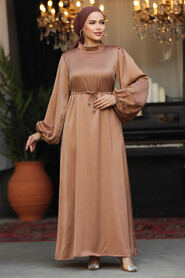 Neva Style - Modest Camel Long Satin Dress 30371C - 2