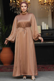 Neva Style - Modest Camel Long Satin Dress 30371C - 1