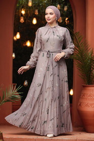  Modest Dark Beige Floral Dress 33087KBEJ - 3