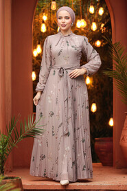  Modest Dark Beige Floral Dress 33087KBEJ - 4