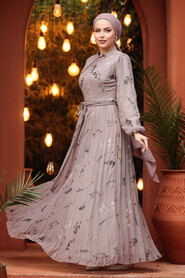  Modest Dark Beige Floral Dress 33087KBEJ - 1