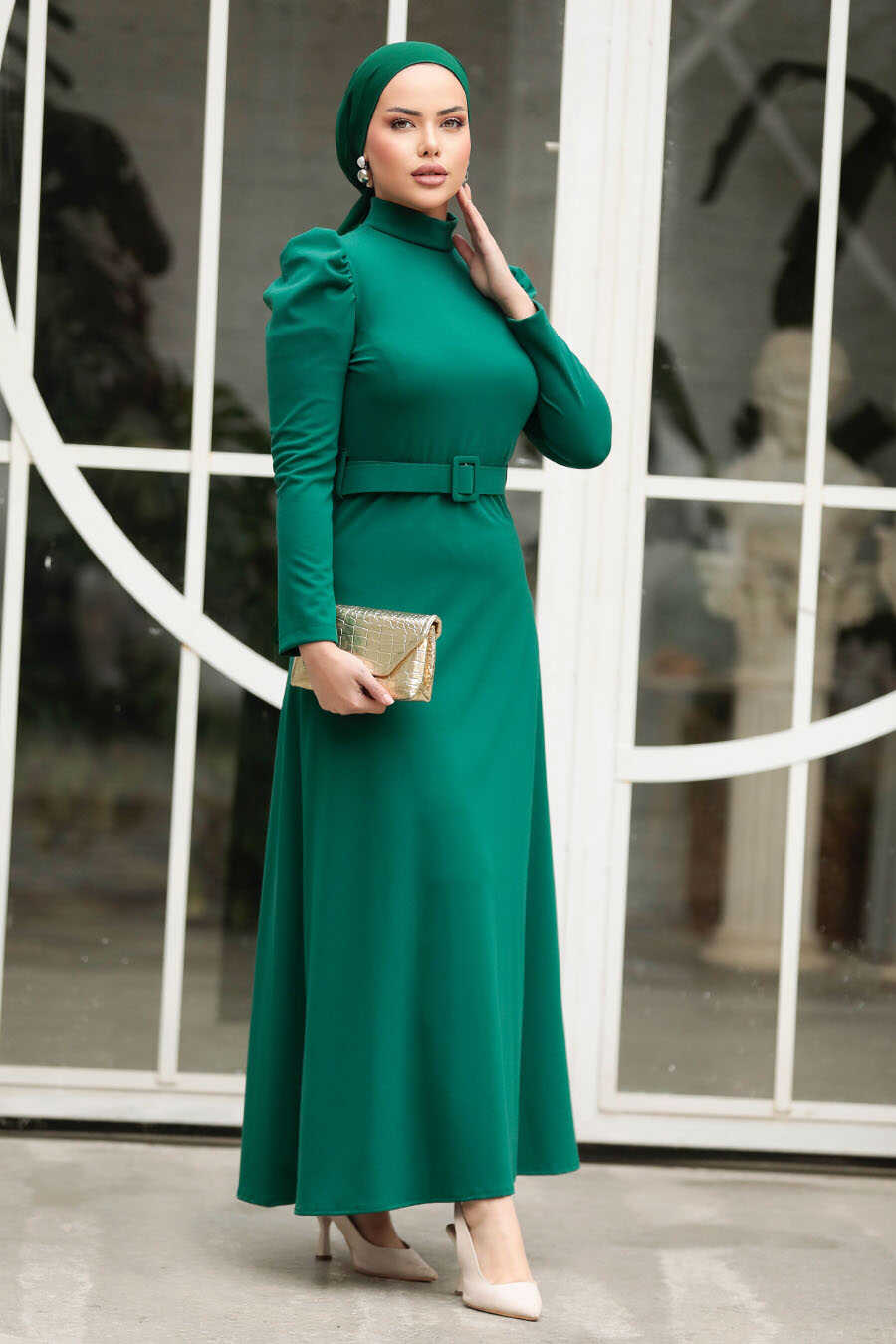 Emerald green fashion maxi dress long sleeve