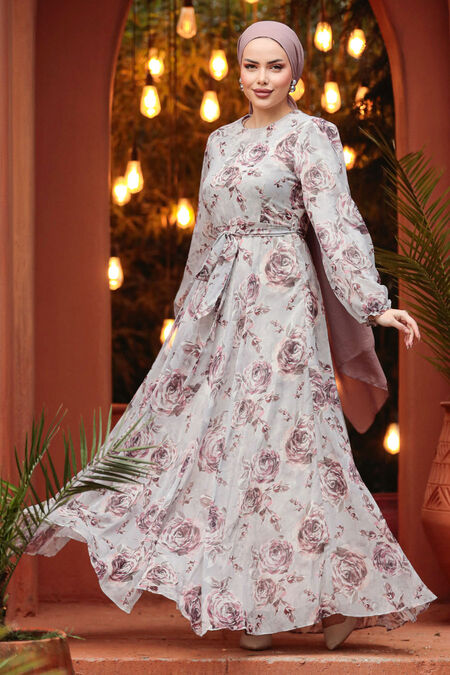  Modest Grey Long Floral Dress 33077GR - NEVA STYLE