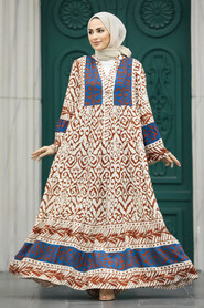  Modest İndigo Blue Tie Dye Dress 10215IM - 1