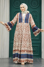  Modest İndigo Blue Tie Dye Dress 10215IM - 3