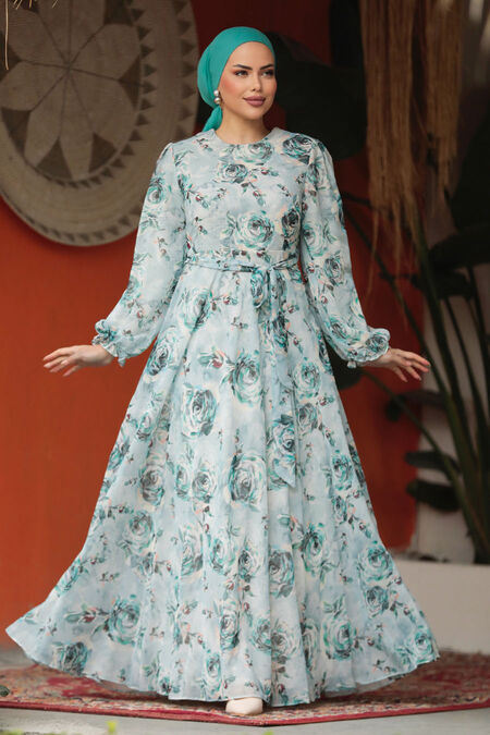  Modest Mint Long Floral Dress 33077MINT - NEVA STYLE