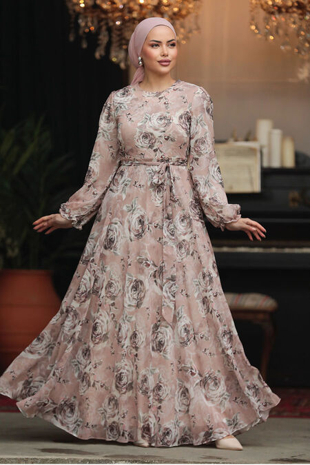  Modest Powder Pink Long Floral Dress 33077PD - NEVA STYLE