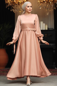 Neva Style - Modest Salmon Pink Satin Dress 5931SMN - 1