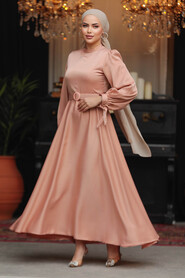 Neva Style - Modest Salmon Pink Satin Dress 5931SMN - 3