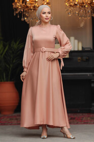 Neva Style - Modest Salmon Pink Satin Dress 5931SMN - 4