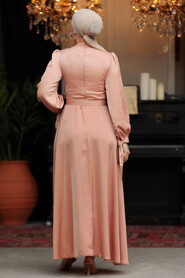 Neva Style - Modest Salmon Pink Satin Dress 5931SMN - 5