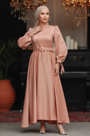 Neva Style - Modest Salmon Pink Satin Dress 5931SMN - 2