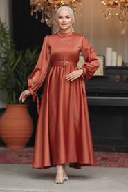 Neva Style - Modest Terra Cotta Satin Dress 5931KRMT - 2