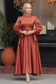 Neva Style - Modest Terra Cotta Satin Dress 5931KRMT - 3