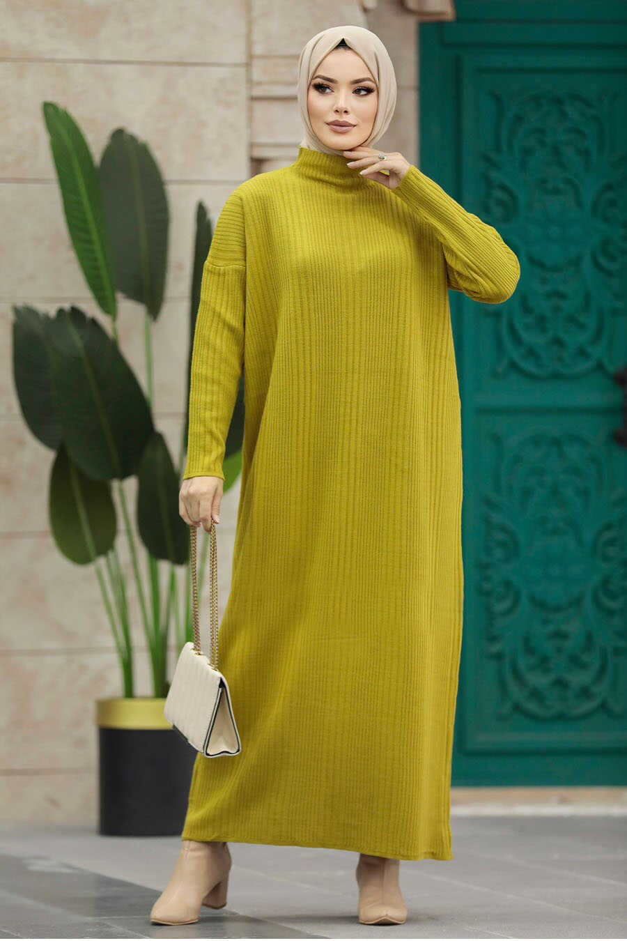 Neva Style - Mustard Muslim Long Knitwear Dress Style 34150HR