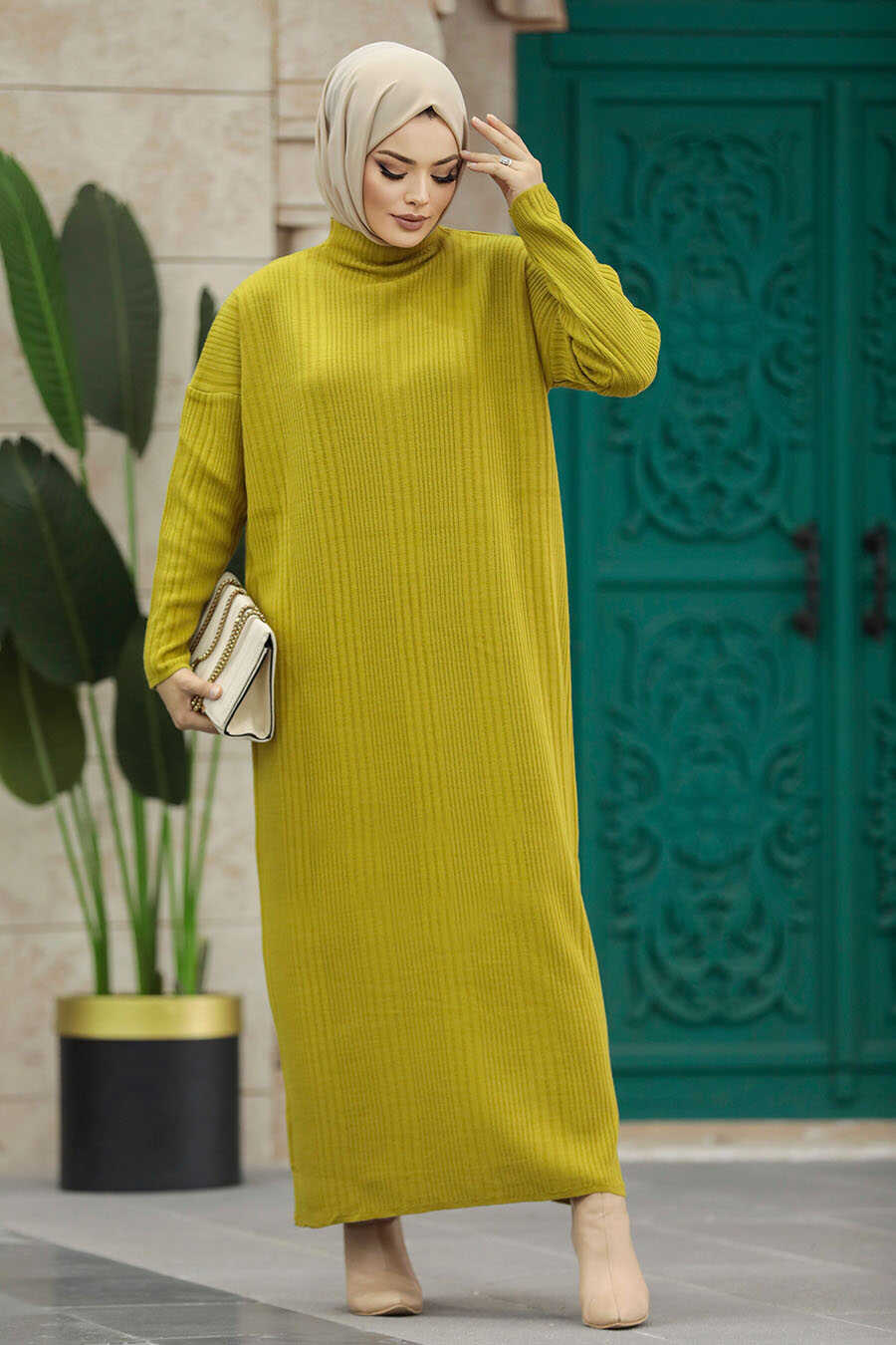 Neva Style - Mustard Muslim Long Knitwear Dress Style 34150HR
