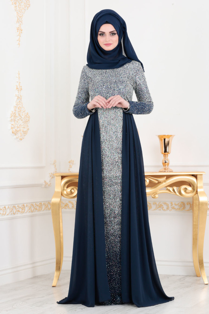 Simli Lacivert Tesettür Abiye Elbise 90020L - 2